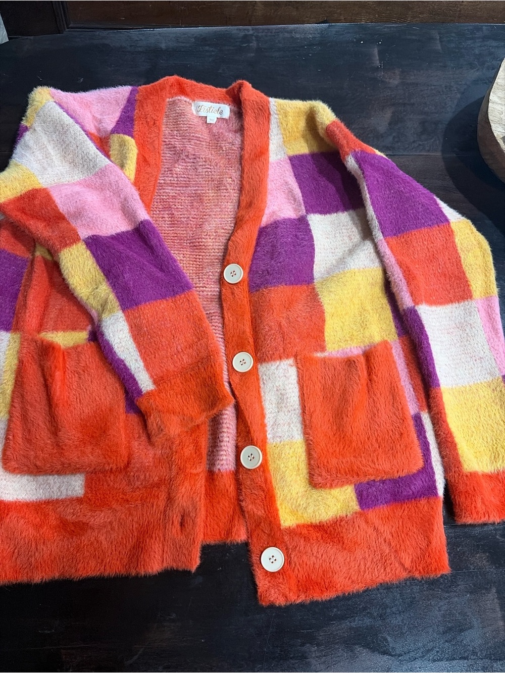 Listicle Colorblock Cardigan in Orange, Purple, Pink, Yellow & Cream